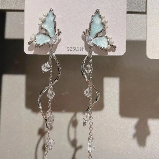 Temperament Blau Glasierte Schmetterling Baumeln Ohrringe Für Frauen Strass Perle Quaste Anhänger Ohr Ringe Party Dame Schmuck Geschenke