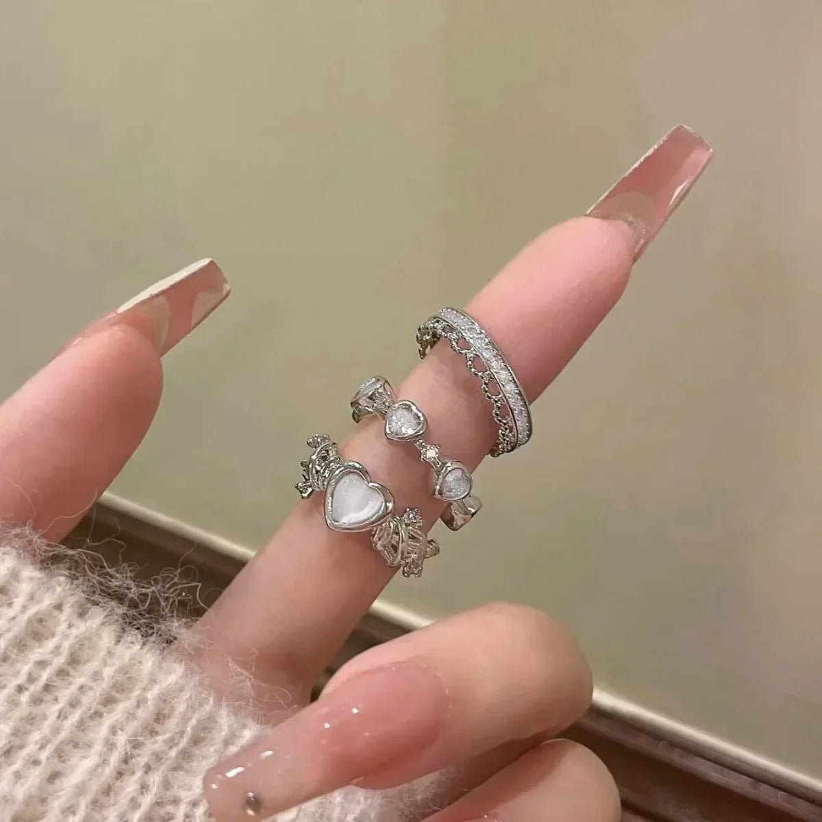 3PCS Trendy Y2k Herz-förmigen Zirkon Rosa Kristall Ringe Frauen Elegante Exquisite Shiny Offenen Kristall Ring Mädchen Partei schmuck Geschenke