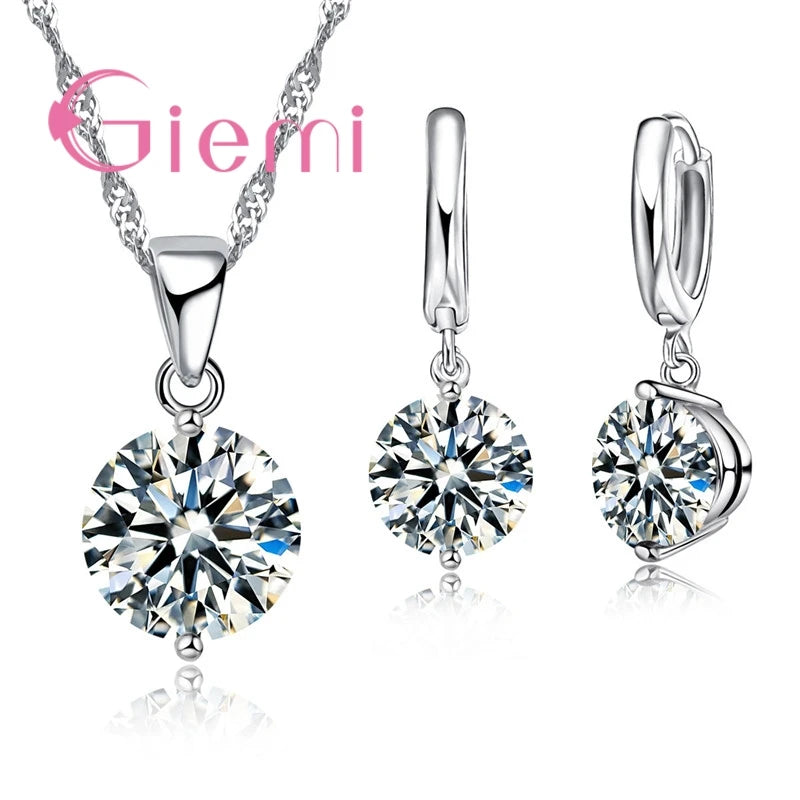 Heißer Verkauf, beliebt, klassisch, rund, 925er Silber, Hochzeit, Verlobung, Schmuck-Sets für Frauen, Anhänger, Halskette, Creolen