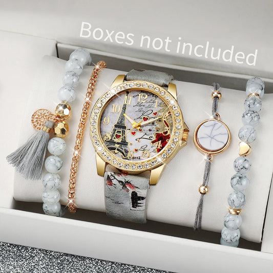 3/4/5PCS Mode Strass frauen Uhr Blumen Gedruckt Leder Band Weibliche Quarz Uhren Armbänder Set (ohne Box)