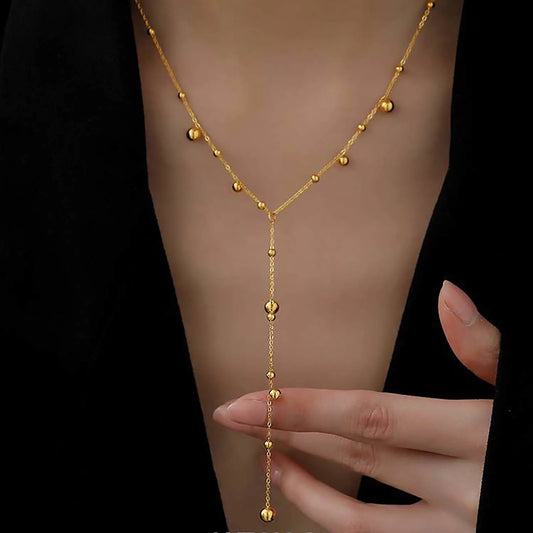 Zierliche Y-Halsketten für Damen, vergoldete Kugeln, Perlen, Edelstahl-Charm-Halskette, Rosenkranz-Halsketten, minimalistischer Kragen