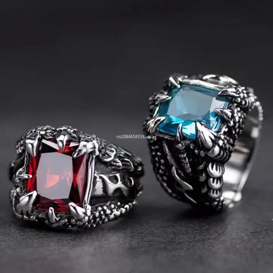 1 Stück Gothic Blauer und roter Kristall Böser Dämon Drachenklauen-Ring für Männer Gramm Biker Punk Rock Hip Hop Cooles Schmuckzubehör Mohamedца