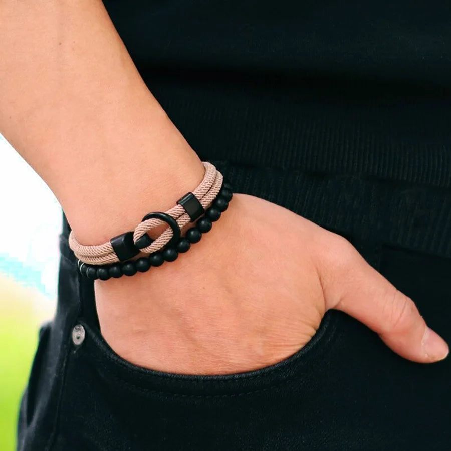 Noter Neue 2 Teile/satz Männer Armband Set Doppel Schicht Seil Nautischen Armband 6mm Schwarz Onyx Stein Armband Freizeit Zubehör pulseria
