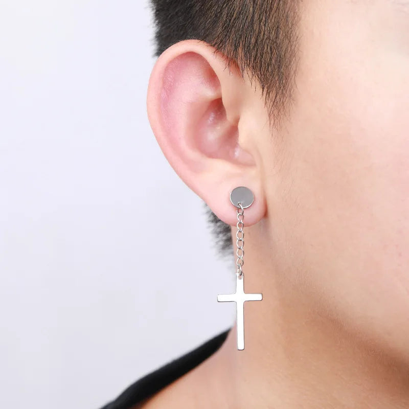 Neueste 1 Paar Edelstahl Kreuz Anhänger Baumeln Lange Quaste Unisex Creolen Männer/Frauen Punk Gothic Schmuck Beste Geschenke