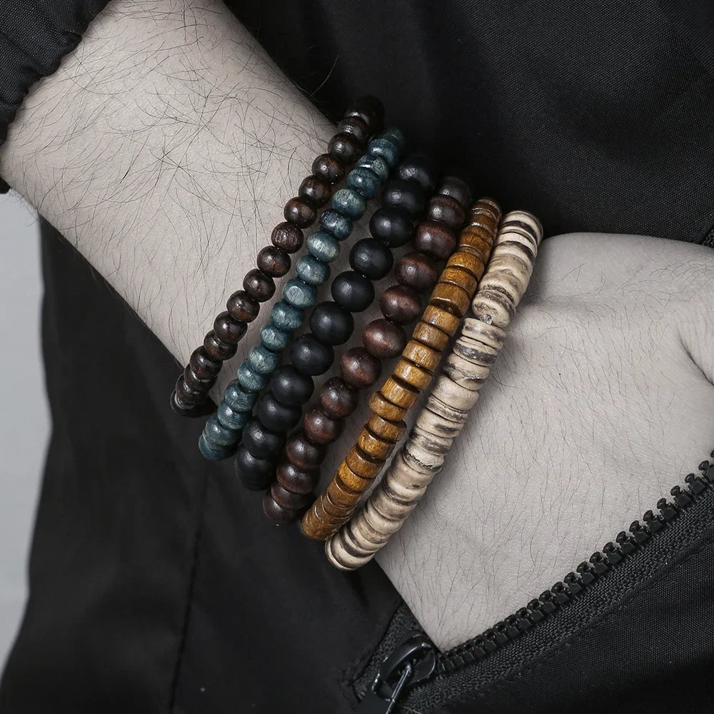 Meistverkaufte mehrschichtige Buddha-Holzperlen-Armbänder-Sets für Herren im Retro-Stil, mehrschichtiges, elastisches Faden, verstellbares Holzarmband