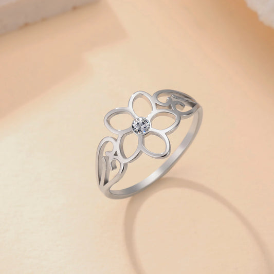 Skyrim Edelstahl-Blumenring mit klarem Zirkon, Damenringe, Ehering, böhmischer Schmuck, Jahrestagsgeschenk, Großhandel