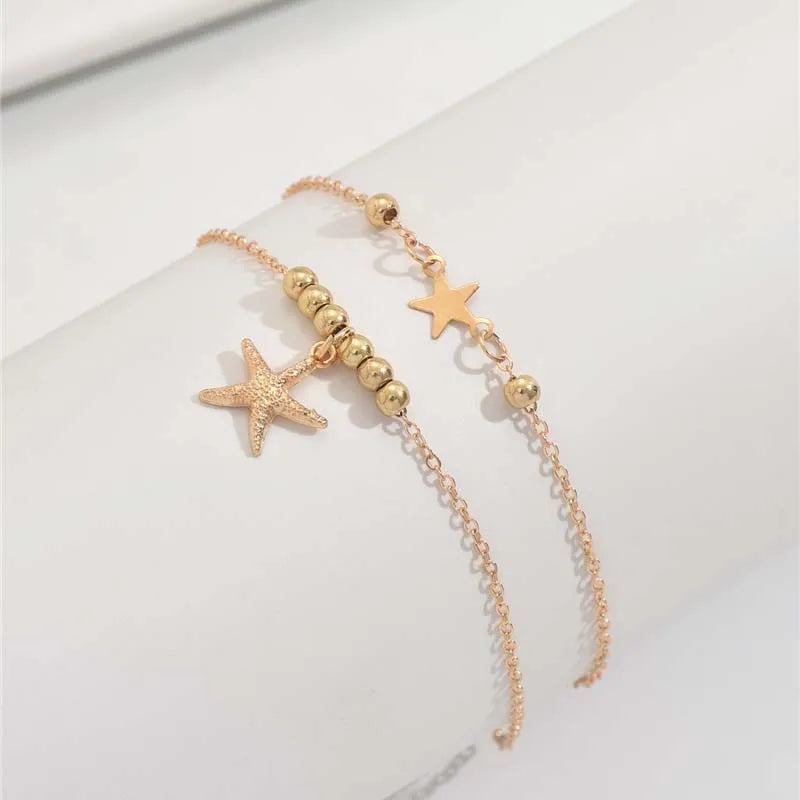 Layered Bohemian Sommer Strand Fußkettchen Für Frauen Vintage Gold Farbe Stern Seestern Anhänger Armband Kette Auf Bein Schmuck