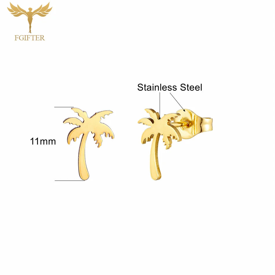 12-fache Kokosnussbaum-Pflanzen-Ohrringe für Damen und Herren, Sommerurlaub, Schmuck, goldenes Metall, Edelstahl, Piercing-Ohrstecker-Set
