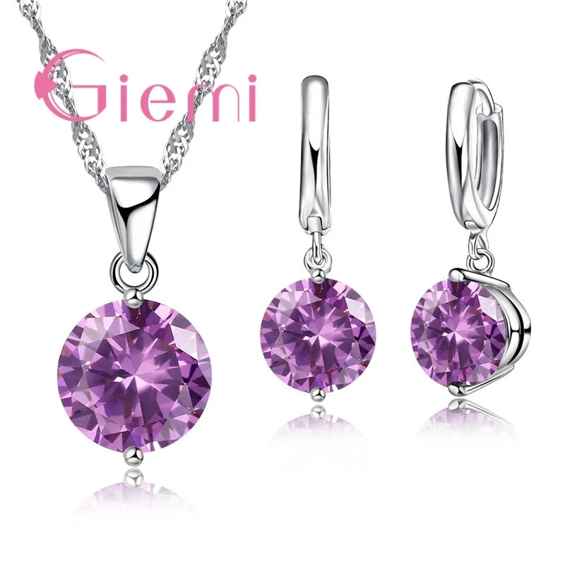 Heißer Verkauf, beliebt, klassisch, rund, 925er Silber, Hochzeit, Verlobung, Schmuck-Sets für Frauen, Anhänger, Halskette, Creolen