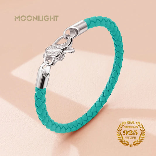 Neues Design S925 Sterling Silber Armband für Frauen Zirkonia Charme Geflochtenes Lederarmband Weiblichen Schmuck Weihnachtsgeschenk