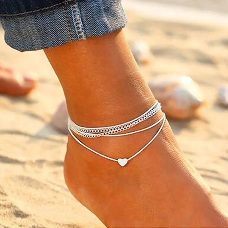 Modyle 2024 Neue Böhmen Handschellen Fußkettchen Multilayer Silber Farbe Fuß Kette Fashion Ankle Armband Für Frauen Strand Schmuck