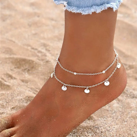 Weibliche Fußkettchen mit rundem Anhänger, Armband, Sandalen, Fußschmuck, Bein-Fußkettchen auf Fuß, Armbänder für Frauen und Mädchen, Hawaii, Sommergeschenk