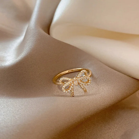 Minimalistische Bowknot Öffnung Ringe Für Frauen Gold Silber Farbe Kristall Zirkonia Bogen Knoten Finger Ringe Weibliche Hochzeit Schmuck