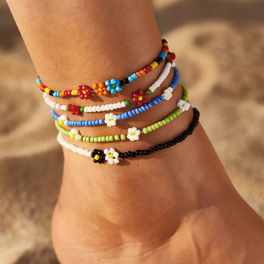 FNIO Neues Perlen-Fußkettchen, Samenperlen, verstellbar, buntes Blumen-Knöchelarmband am Bein, trendiger Schmuck für Frauen