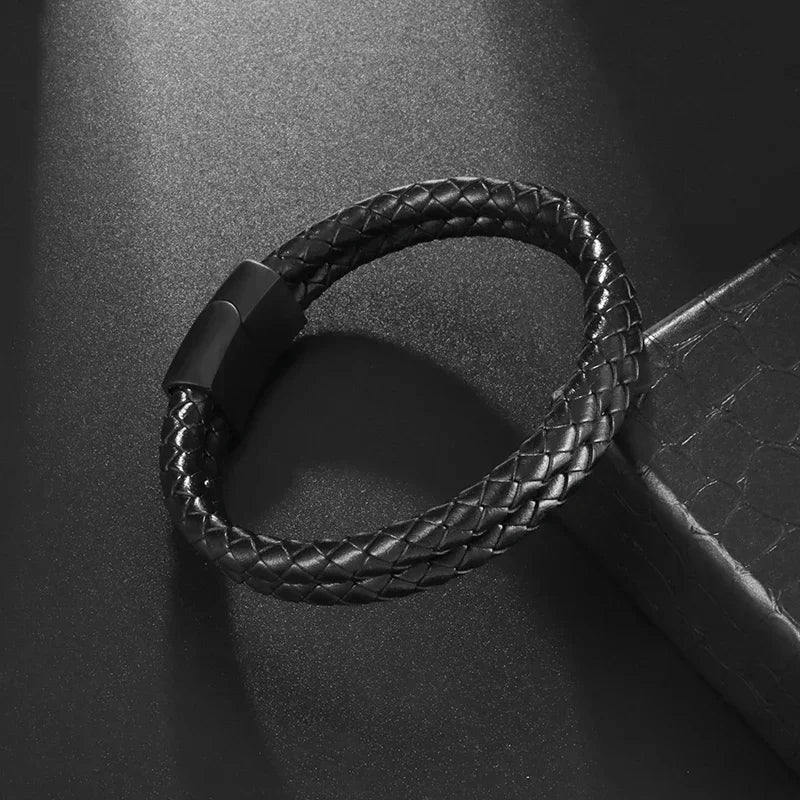Klassisches einlagiges schwarzes handgewebtes Lederarmband mit Metall-Magnetverschluss, Herrenmode, Business-Schmuck, Geschenk
