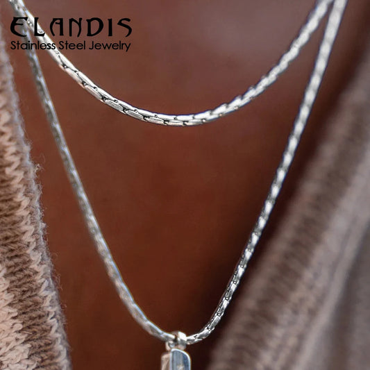 ELANDIS Herren-Halskette aus Edelstahl, wasserdicht, 1 mm, Drahtkette, quadratisch, Anhänger, Halskette in Weißgold, feines Zubehör