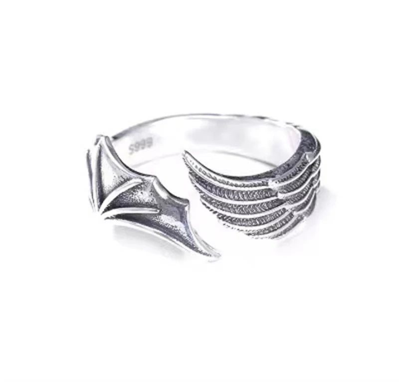 FTCY 2 Stück Vintage Engel Teufelsflügel Verstellbare Ringe für Männer Frauen Hip Hop Retro Silber Farbe Paare Ringe Party Geschenke Schmuck