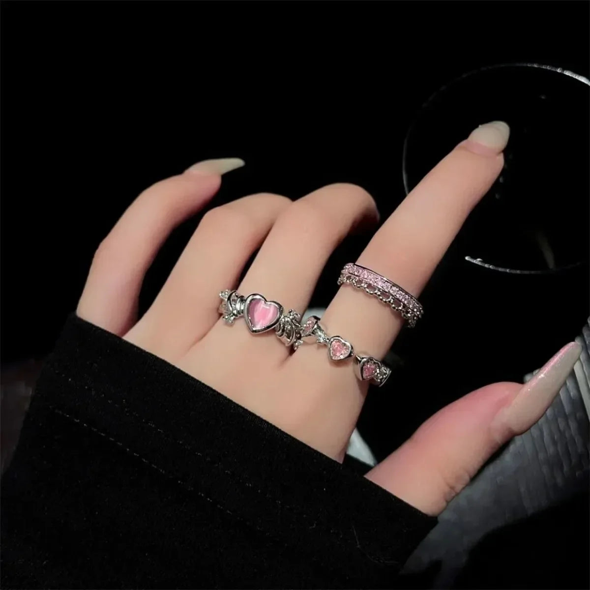 3PCS Trendy Y2k Herz-förmigen Zirkon Rosa Kristall Ringe Frauen Elegante Exquisite Shiny Offenen Kristall Ring Mädchen Partei schmuck Geschenke