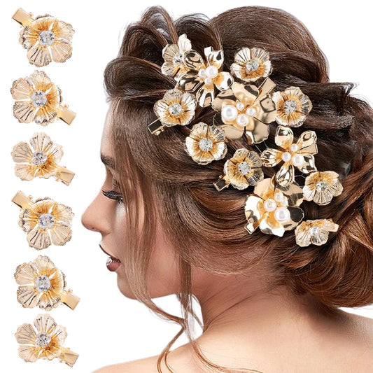 10/12/16 Stück kleine Blumen-Haarspangen, Metall, goldene Perlen-Haarspangen, florale Kopfbedeckung, florale Perlen-Haarnadeln, Haar-Accessoires