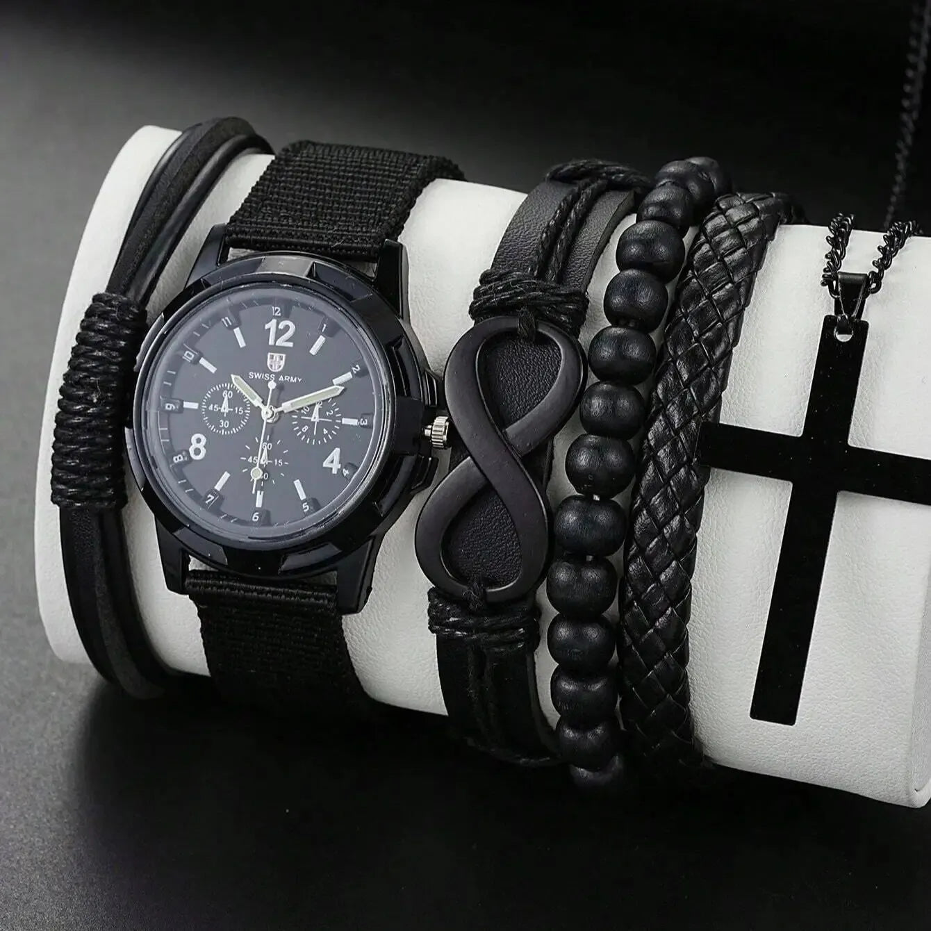 6pcs_Set Modisches Perlenarmband aus Pu-Leder in '8-Form mit mechanischer Uhr, Kreuz-Anhänger-Halskette für Herren, schwarz gefärbt