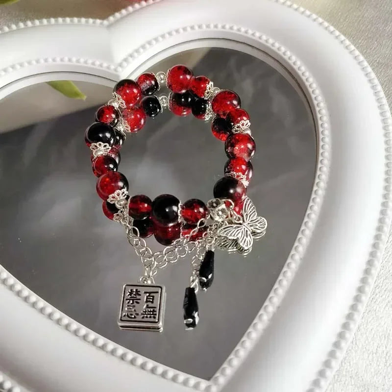 2024 neue Trendy Rote Perlen Kette Armband für Frauen Einfache Hohl Schmetterling Anhänger Armbänder Schmuck Geschenke Zubehör