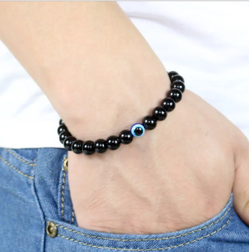 2 Stück türkische blaue böse Augen Armband schwarze Natursteinperlen Obsidian Männer Beacelet für Frauen Männer Yoga Hand Schmuck Geschenke 6 mm