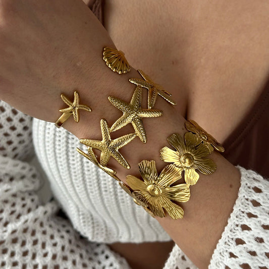 Vintage Übertrieben Breite Manschette Armreif für Frauen Gold Farbe Shell Seestern Blume Edelstahl Armband Strand Party Schmuck