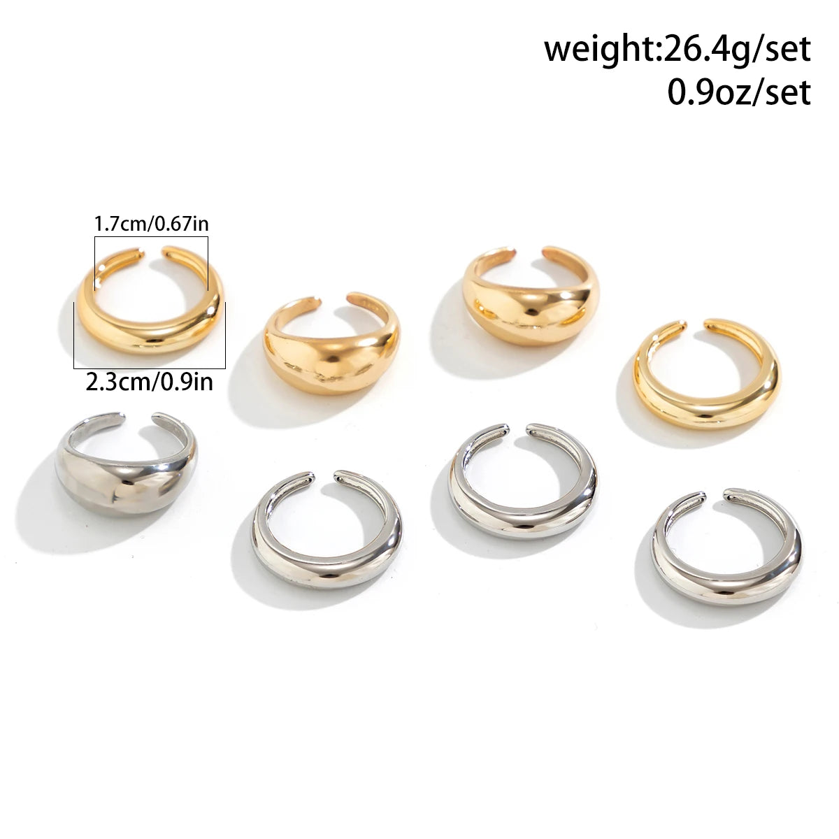 8-teiliges klobiges, offenes, glattes Oberflächen-Ring-Set für Damen, trendige Goldfarbe und Silberfarbe, gemischte Fingerringe, Accessoires, Mode