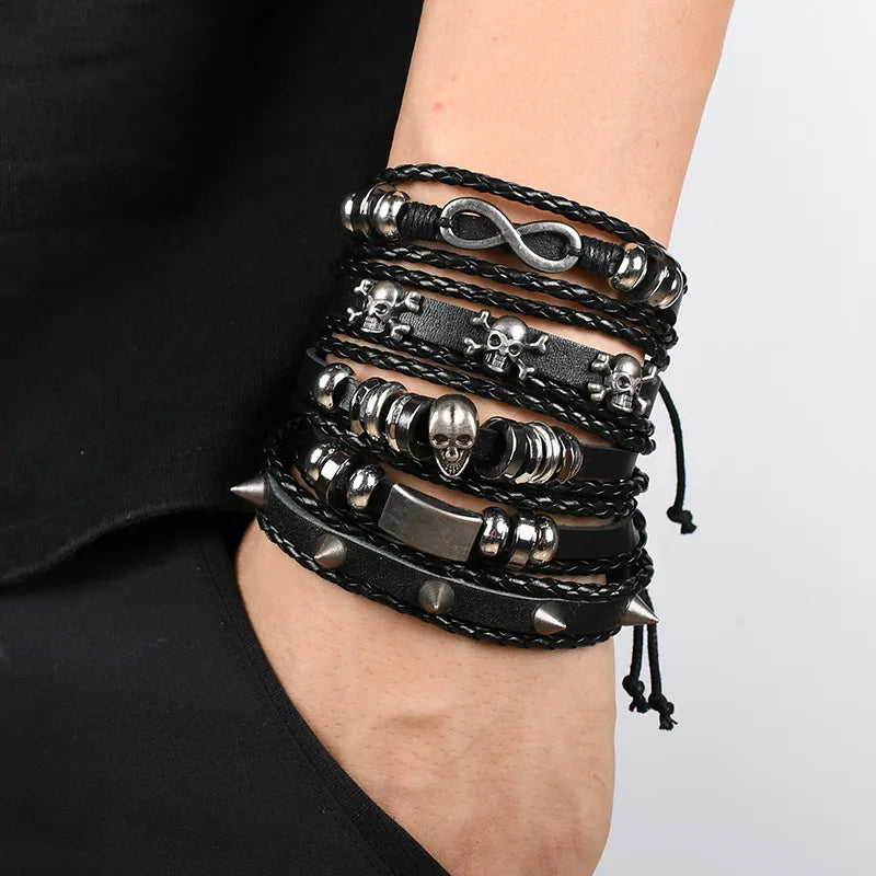 Mode Armband Viking Armband für Männer Hand Armbänder gewebt Schädel Hand Schmuck verstellbare Leder Set Viking Mann Armband