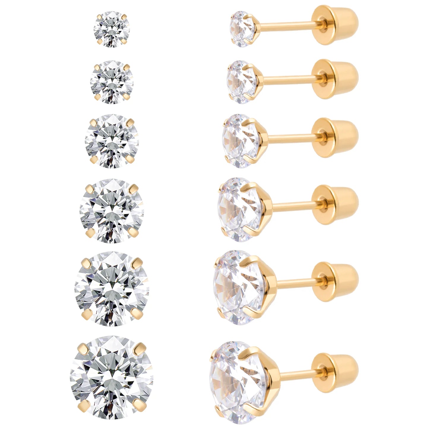 6-teiliges Ohrstecker-Set aus Edelstahl mit Schraubverschluss, vergoldet, Herz, Stern, quadratisch, Prinzessinnenschliff, rund, Zirkonia, CZ