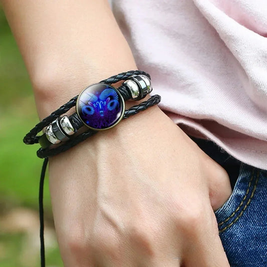 Verstellbares Armband mit 12 Sternzeichen, PU-Leder, handgewebt, leuchtend, 12 Sternzeichen, leuchtendes Sternzeichen-Geist-Armband, Schmuck, Geschenk