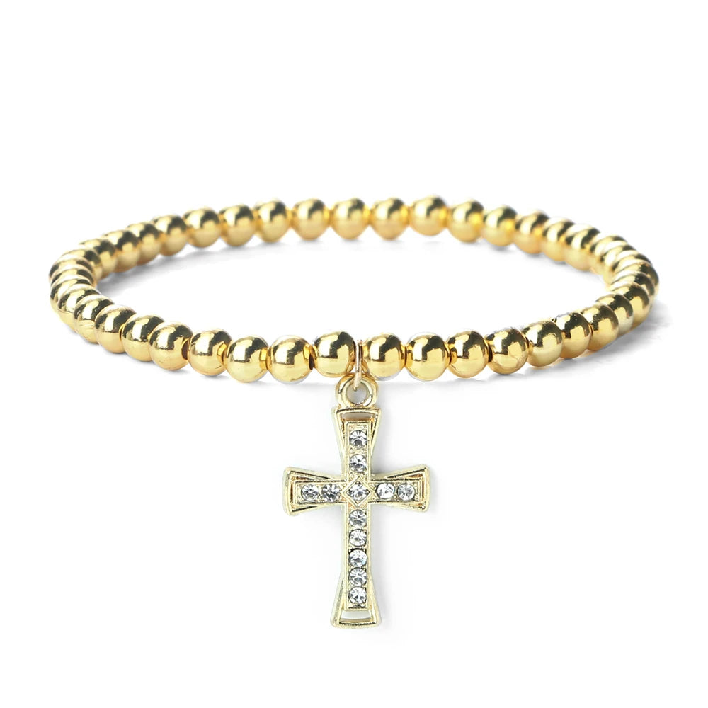 5mm Gold Silber Farbe Kupfer Perlenarmband Elastisches Seil Armband mit Kreuz Strass Anhänger Charm Schmuck Geschenk für Frauen Männer