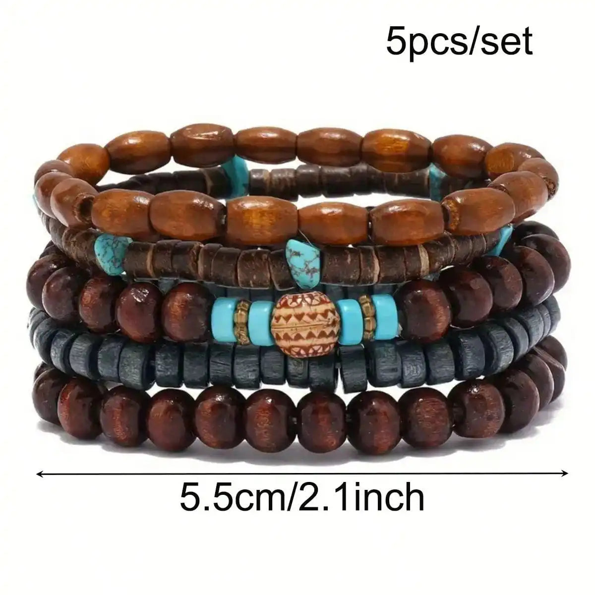 5-teiliges Set im Retro-Stil, einfach und modisch, cooles Armband, Kokosnussschalen-Armband mit Holzperlen. Geeignet für Männer/Damen/Paare Dail