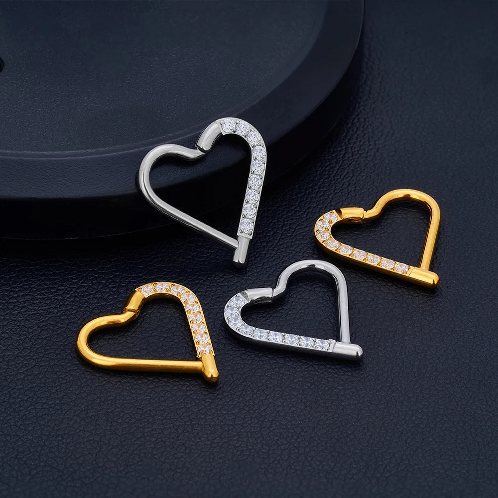 10 Stück ASTM F136 Titan Daith Herz Ohrring Hoop Knorpel Tragus Helix Ringe Scharniersegment Hoop mit klarem CZ