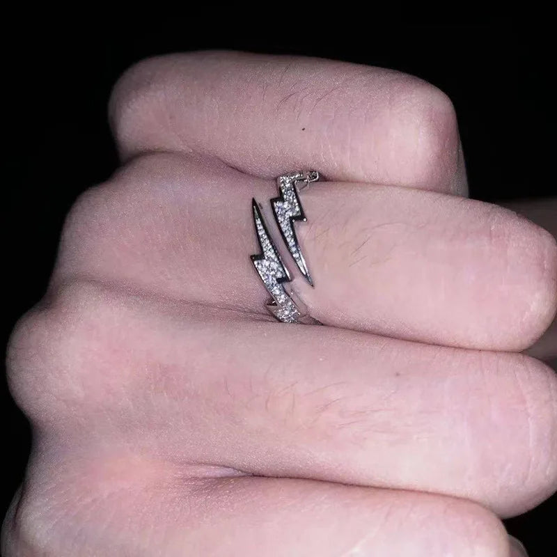 Punk Hip Hop Silber Farbe Zirkon Blitz Offene Ringe für Männer Mode Schmuck Geschenk Kreative Einstellbare Ring