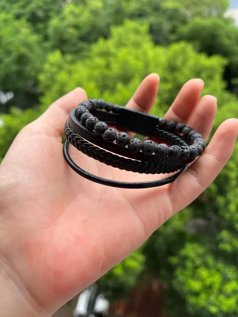 Mode Vulkanstein Perlen Armband Mutilayer Geflochtenes Leder Armband Für Männer Edelstahl Magnetische Armreif Schmuck Geschenk