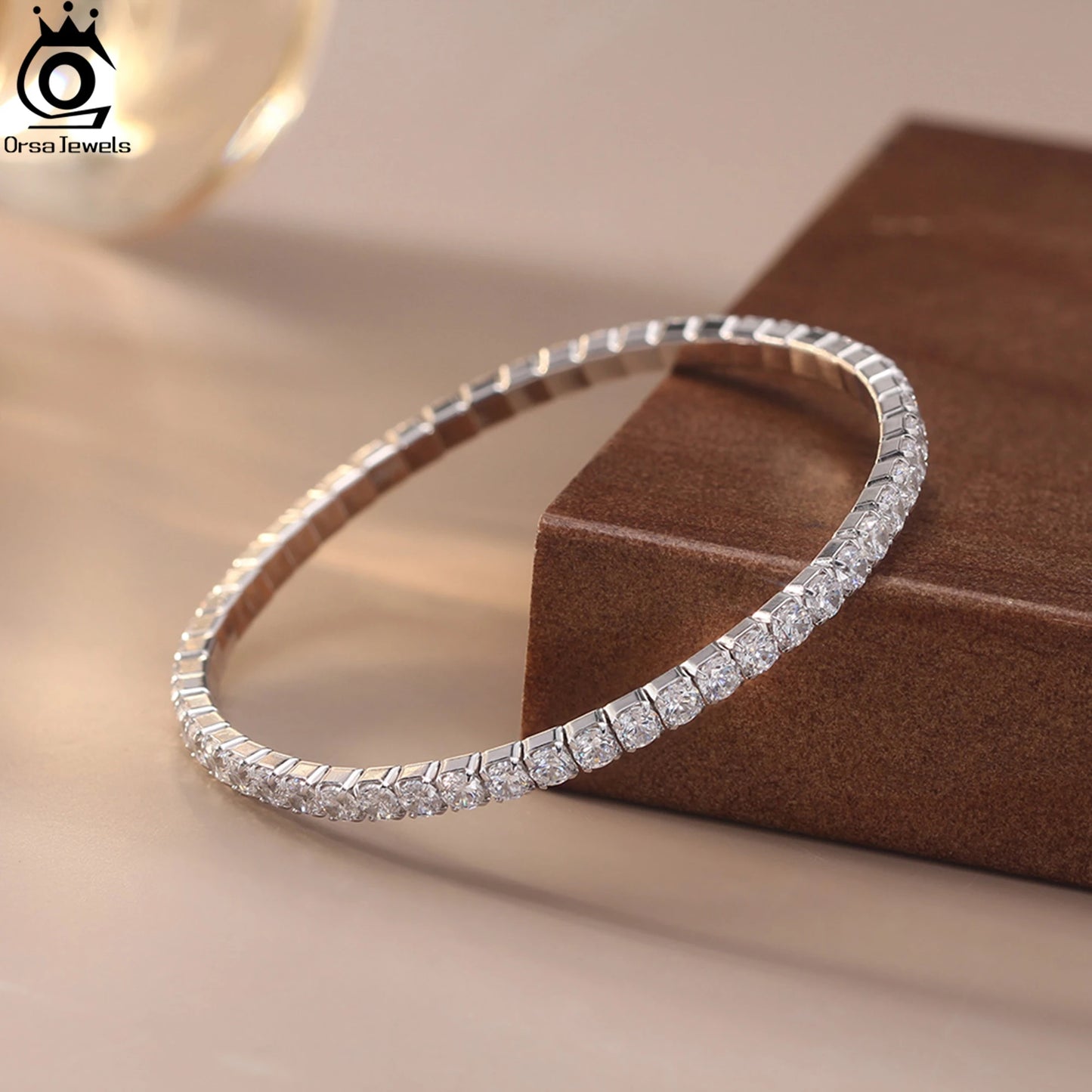 ORSA JEWELS 3 mm funkelndes 5A-Tenniskettenarmband mit kubischem Zirkonia, 925er Sterlingsilber, 14 Karat vergoldetes elastisches Seil, vorhanden SB217