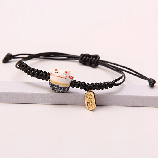 Einfaches geflochtenes Keramik-Glückskatze-Armband für Damen und Herren, mehrfarbig, niedliches Tier, handgestrickt, verstellbares Armband, Harajuku-Schmuck