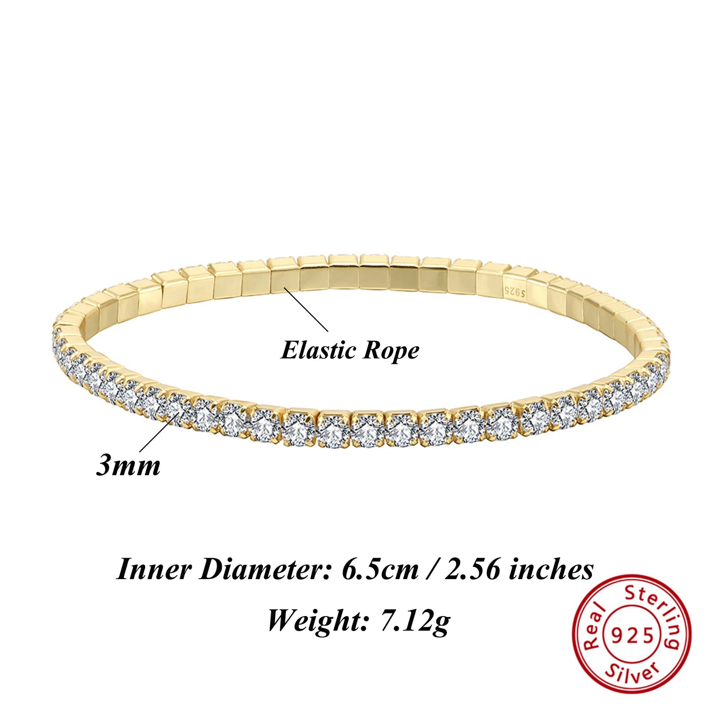 ORSA JEWELS 3 mm funkelndes 5A-Tenniskettenarmband mit kubischem Zirkonia, 925er Sterlingsilber, 14 Karat vergoldetes elastisches Seil, vorhanden SB217