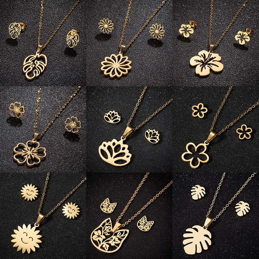 Set Schmuck Edelstahl Frau Boho Vintage Monstera Blätter Blume Pflanze Diy Anhänger Charms Ohrringe Und Halskette Set