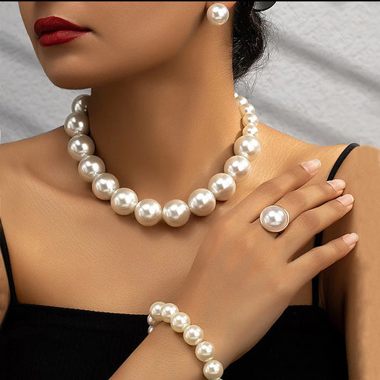 5 Damen Vintage Light Luxus Französisch 5-teilig Imitationsperlen Schmuck Mode Hochzeit Ohrring Armband Halskette Ring Set