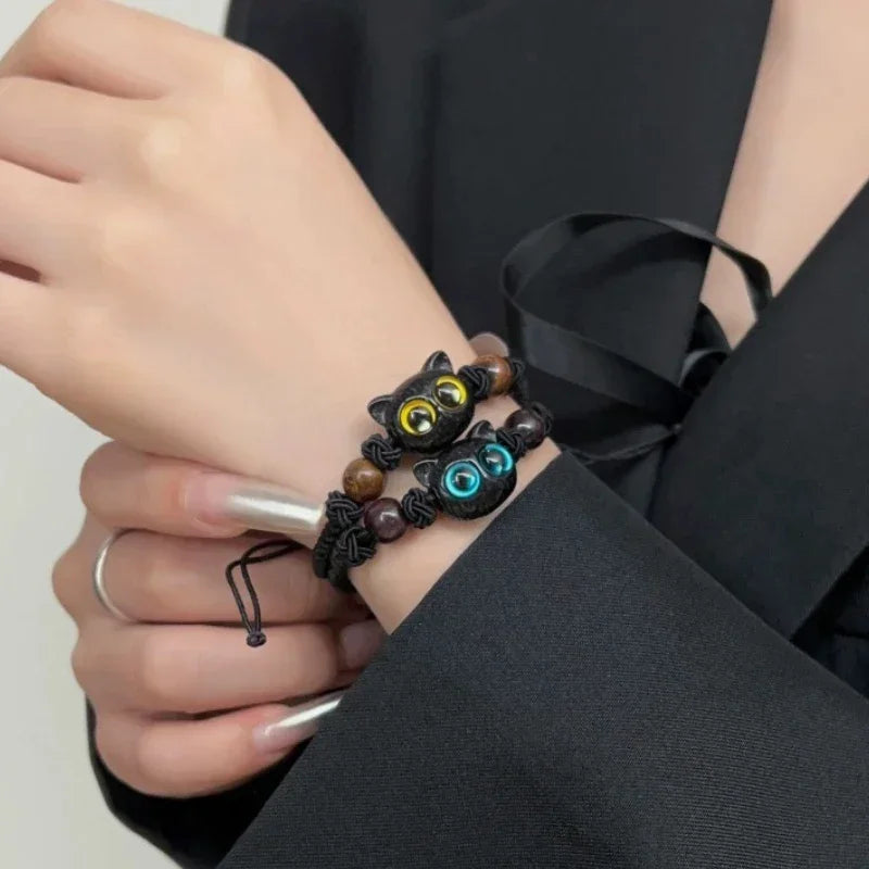 1/2 stücke Nette Natürliche Stein Schwarze Katze Armband Frauen Männer Mode Cartoon Tier Perlen Armbänder Handgemachte Mode Schmuck Geschenke