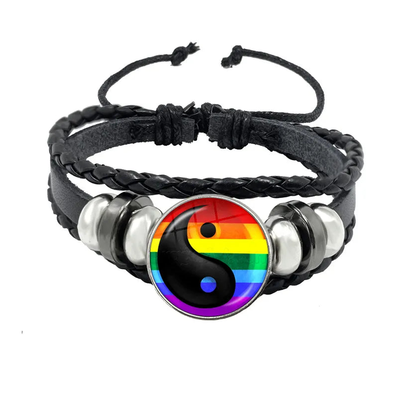 LGBT Schwarz Weave Leder Armband Bi Stolz Glas Cabochon Homosexuell Stolz Regenbogen Flagge Foto Armreif Schmuck Für Frauen Männer Liebhaber geschenk