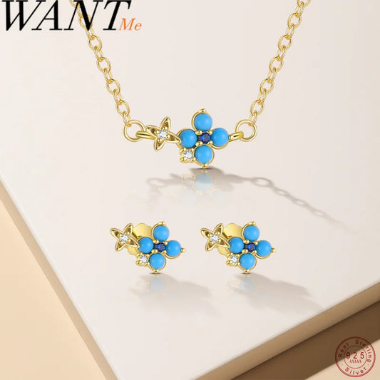 WANTME Ohrstecker aus 925er-Sterlingsilber, romantisch, blau, türkisfarben, Blumen-Stern-Ohrstecker für Damen, modischer Party-Schmuck