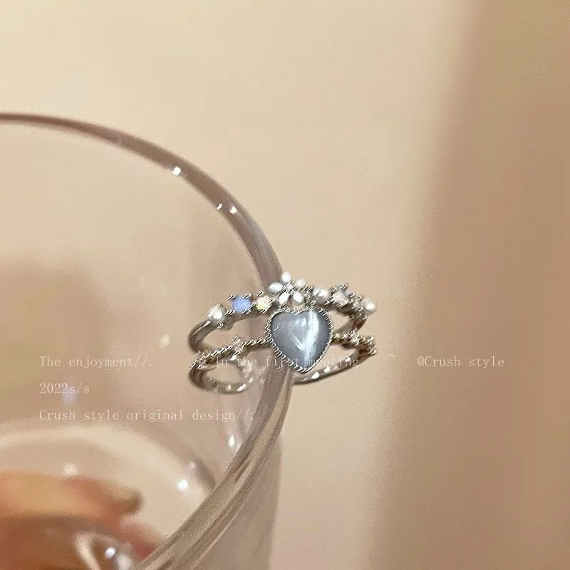 2023 neue Mode Blau Opal Herz Offene Ringe für Frauen Blume Strass Finger Ringe Hochzeit Party Trendy Mädchen Schmuck Geschenke