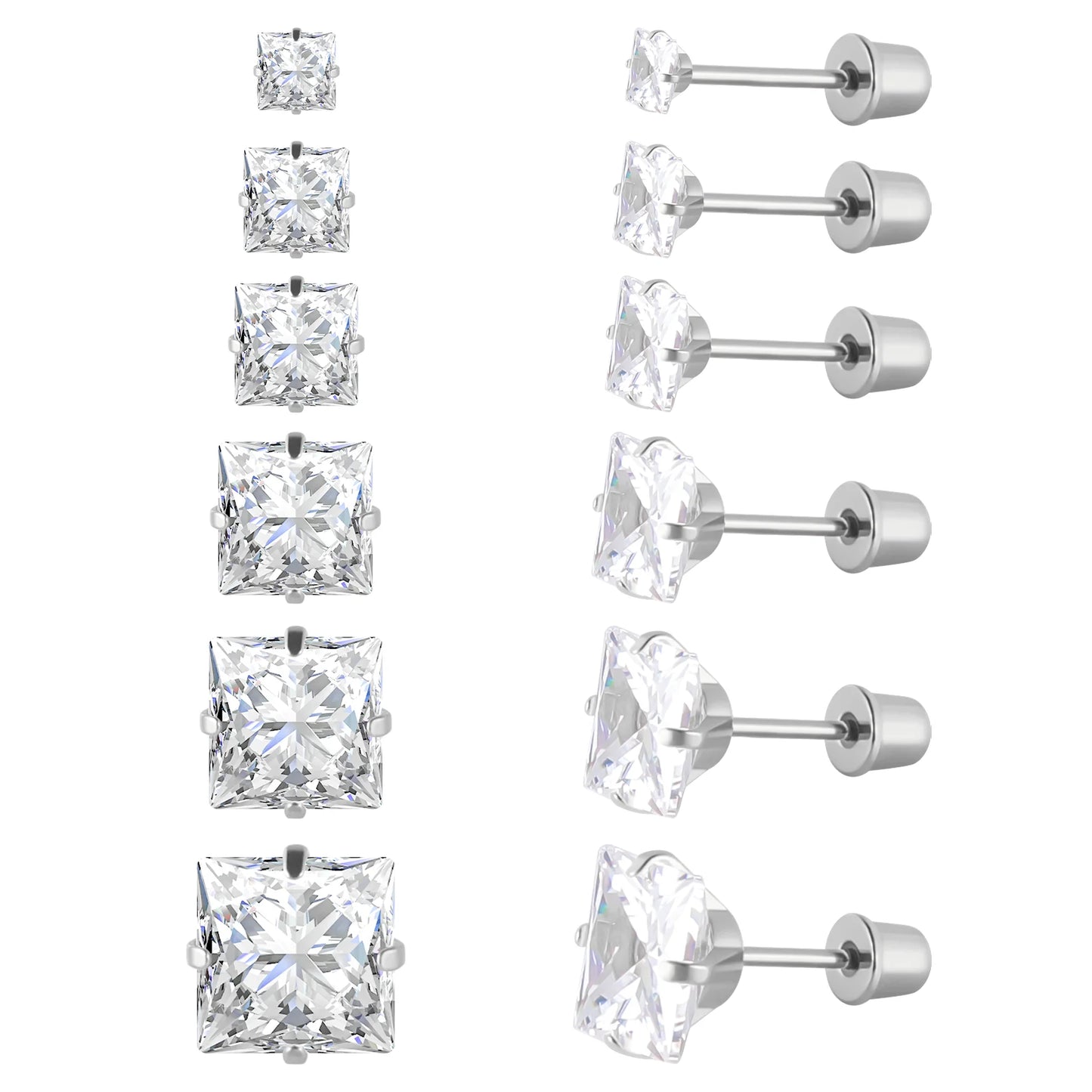 6-teiliges Ohrstecker-Set aus Edelstahl mit Schraubverschluss, vergoldet, Herz, Stern, quadratisch, Prinzessinnenschliff, rund, Zirkonia, CZ