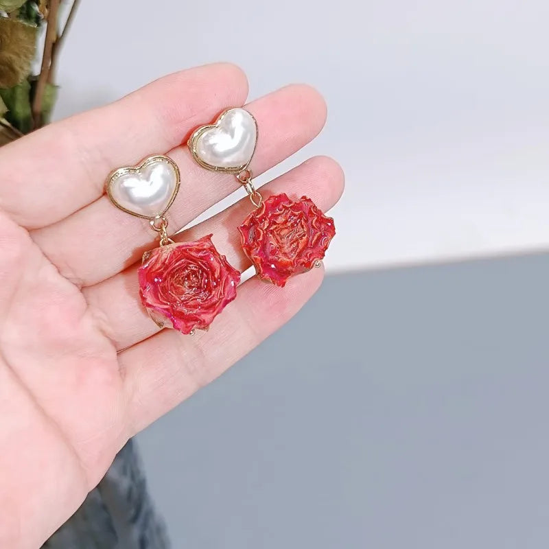 Einzigartige getrocknete Blumenohrringe, elegante natürliche Rose, Blumenperle, Quaste, lange Ohrringe, Epoxidharz, Rosenohrringe, Schmuck im Großhandel