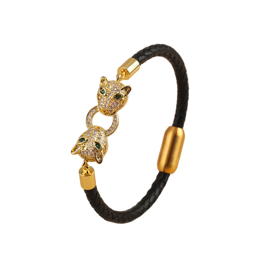 Voller Zirkonia, Leoparden-Tier-Leder, geflochtenes Edelstahl-Armband, klassisch für Mann und Frau, täglicher Party-Schmuck, Geschenk