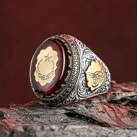 Retro Türkische Handgemachte Männer Ringe Vintage Geschnitzte Sterne Mond Muster Rot Zirkon Ringe Rock Punk Islamischen Muslimischen Hochzeit Schmuck