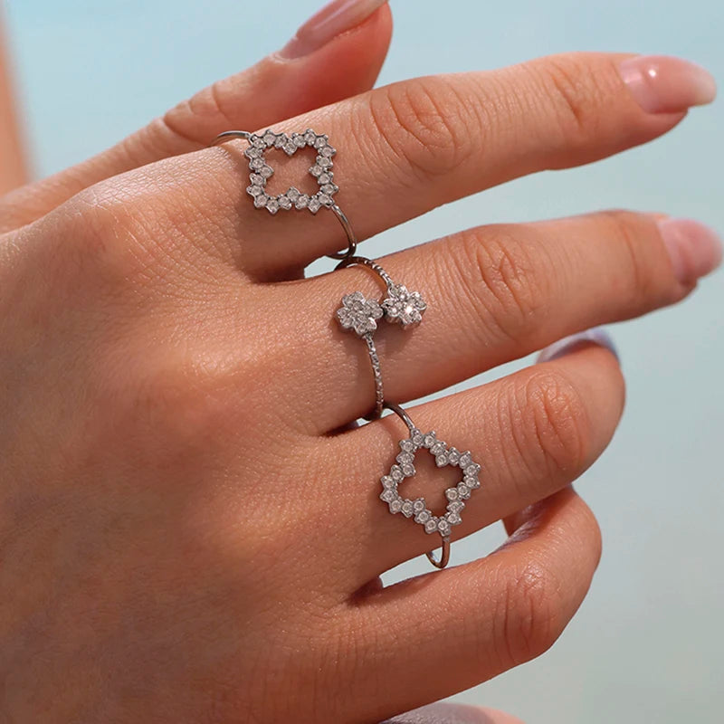 Nivora Zarte Zirkon Blume Dünne Mädchen Offene Ringe Edelstahl 18K Gold Überzogene Eheringe Ringe Für Frauen Schmuck